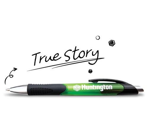 A Huntington pen with True Story written above it