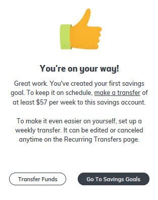Success message after setting up a savings goal.
