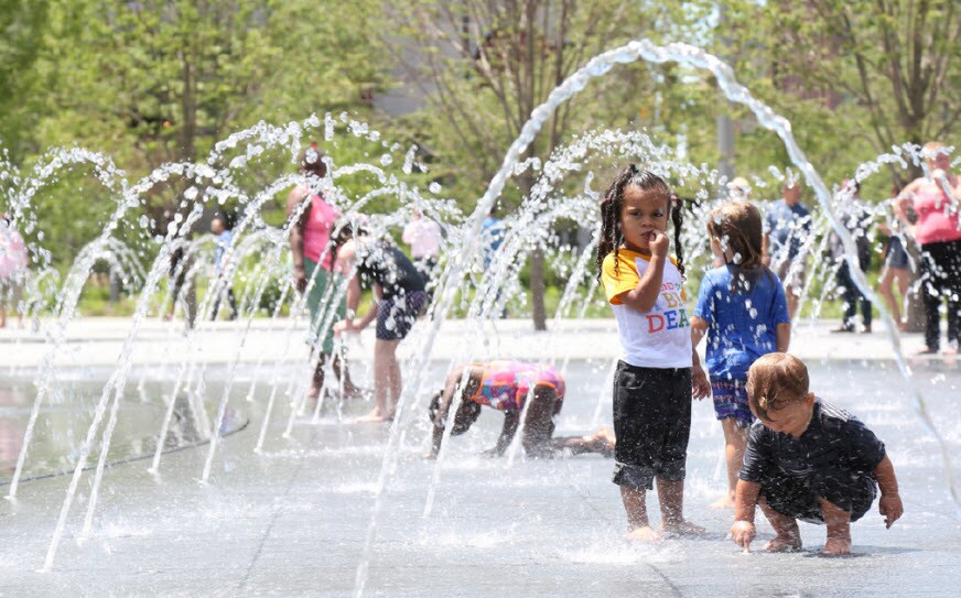 Children playing in a fountain in Public Square