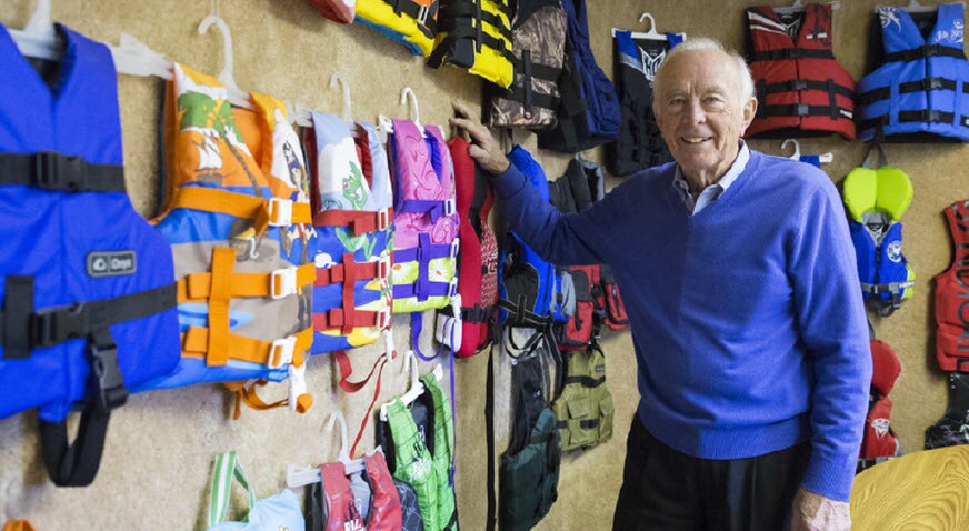 Bob Archer with lifejackest. Kent Sporings Goods Co.