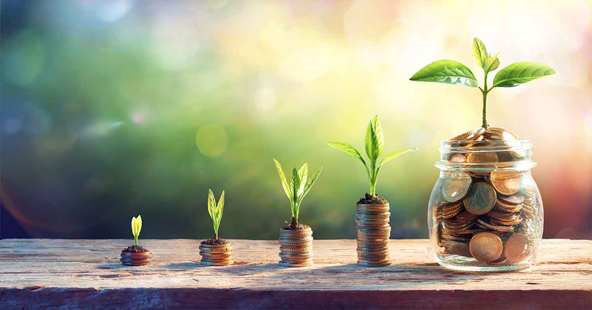 a small stack of coins grows into a jar of coins, simulating wealth creation